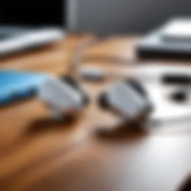 Ambient Mode Earbuds in Everyday Life Lifestyle shot of ambient mode earbuds being used in a modern workspace