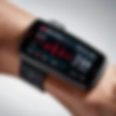 Close-up view of a fitness tracker displaying heart rate data