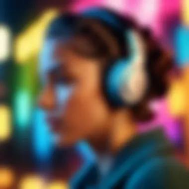 User enjoying music with earbuds in a vibrant environment