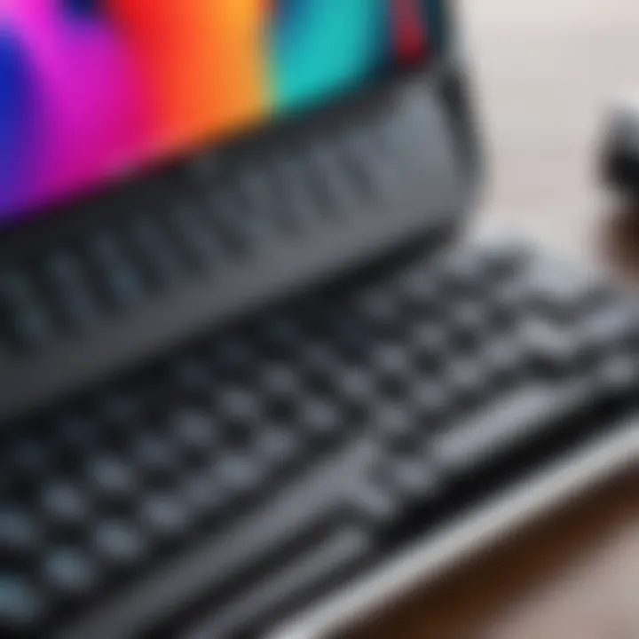 Close-up of a Bluetooth keyboard with key features highlighted