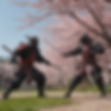 Samurai facing off against a ninja under cherry blossoms