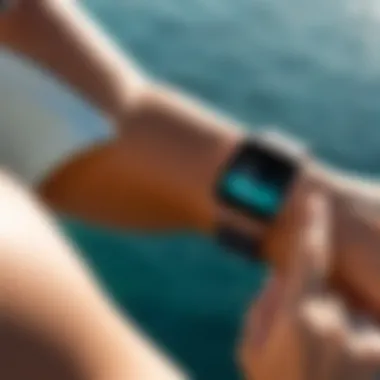 User Experience with Wearable Technology User engaging with a smartwatch in a fitness setting.