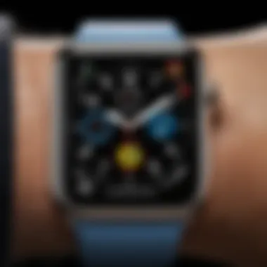 Close-up of Apple Watch displaying a personalized face with widgets