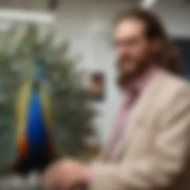 A creative artwork showcasing a fusion of The Dude's laid-back style and Peacock's vibrant color palette