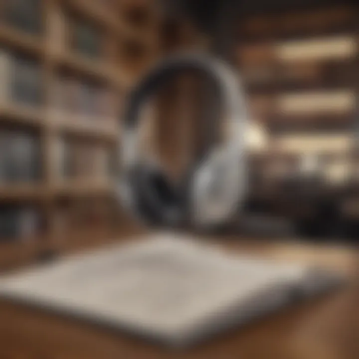 Artistic representation of headphones and musical notes in a library setting