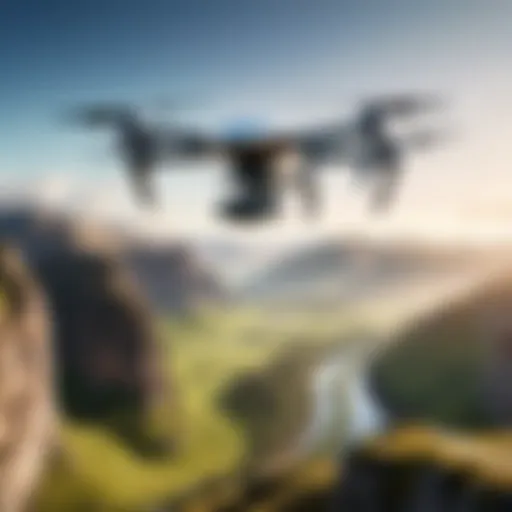 A high-tech consumer drone flying over a scenic landscape.