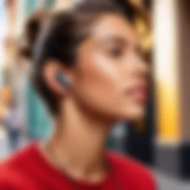 User enjoying music with wireless earbuds in a vibrant setting