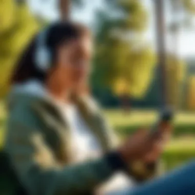 An individual enjoying music on their phone in a serene outdoor setting.