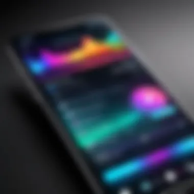 A smartphone displaying a vibrant music app interface.