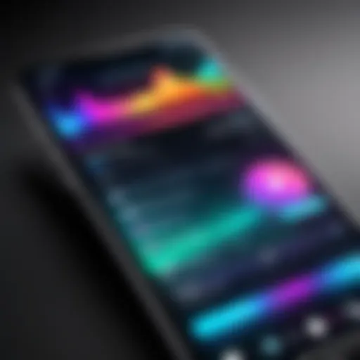 A smartphone displaying a vibrant music app interface.