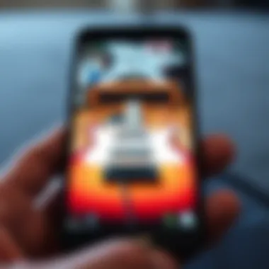 Virtual Guitar Experience in Mobile Games A close-up of a virtual guitar on a mobile screen