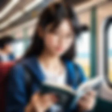 Manga Enjoyment on a Train Journey Illustration of a traveler enjoying manga on a train journey