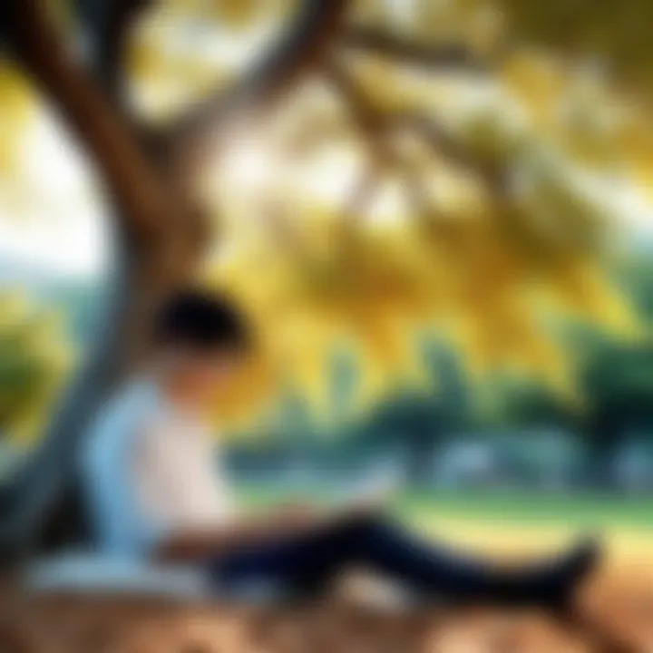 Illustration of a person immersed in reading manga under a tree