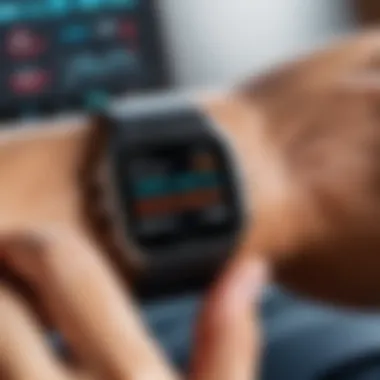 A close-up view of a modern fitness tracker displaying various health metrics.