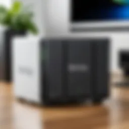 A sleek Synology NAS unit showcasing its modern design.