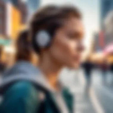 User enjoying music with wireless earbuds in an urban environment