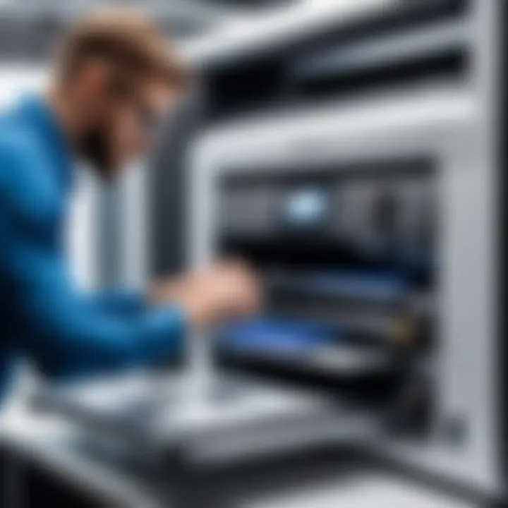 Technician adjusting printer settings