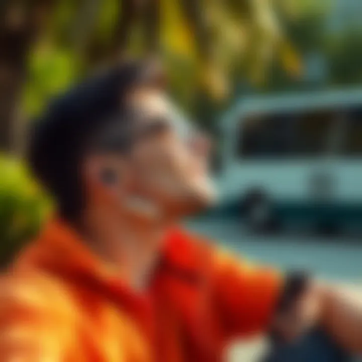 User enjoying music with wireless earbuds in a vibrant outdoor setting