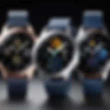 Galaxy Watch Models Showcase An elegant display of various Galaxy Watch models arranged aesthetically.