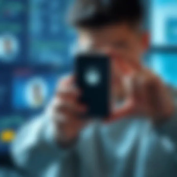 Depiction of a person shielding their phone with a privacy screen.