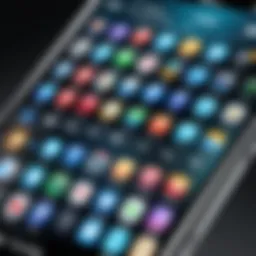 A close-up of a smartphone displaying various application icons on its screen