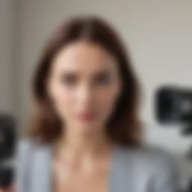 Elegant woman adjusting camera angle for video chat