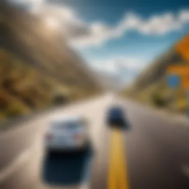 Driving on a Scenic Highway with Speed Limit Sign A scenic highway with a speed limit sign and a vehicle in motion.