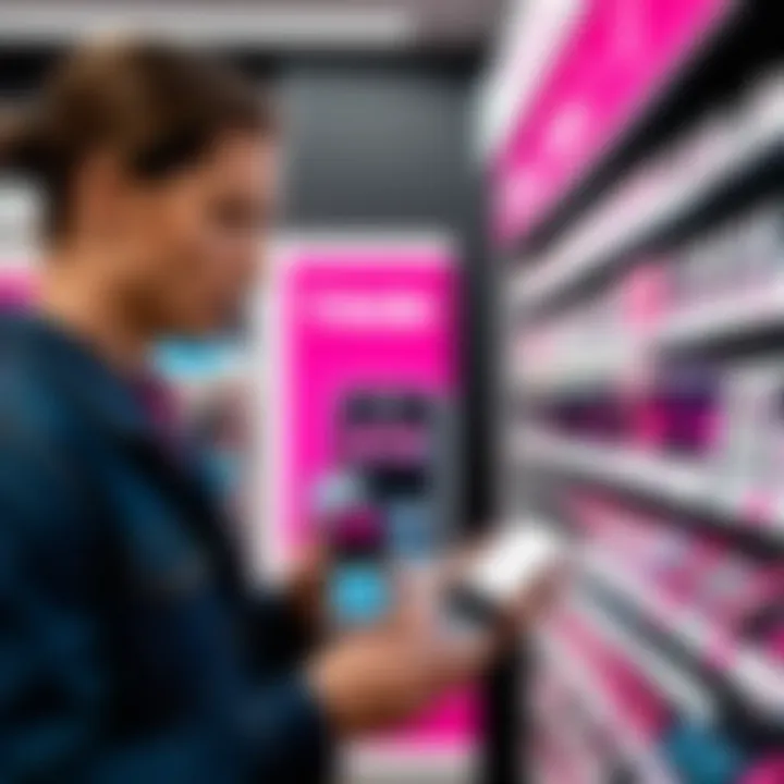A person examining price tags on T-Mobile phones in a store