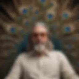 A whimsical illustration depicting The Dude from The Big Lebowski lounging on a peacock feather