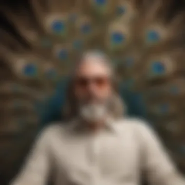 A whimsical illustration depicting The Dude from The Big Lebowski lounging on a peacock feather