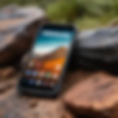 Rugged smartphone in an outdoor environment demonstrating durability