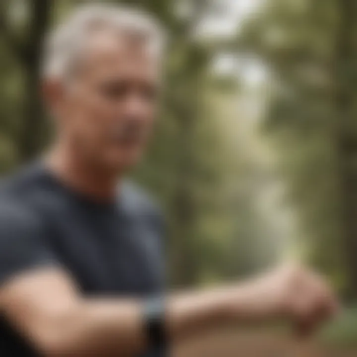 Senior man monitoring heart rate with Fitbit Charge 4