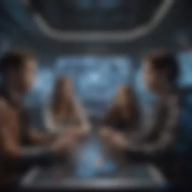 Futuristic Strategic Multiplayer Game Artistic depiction of friends strategizing in a futuristic multiplayer game setting