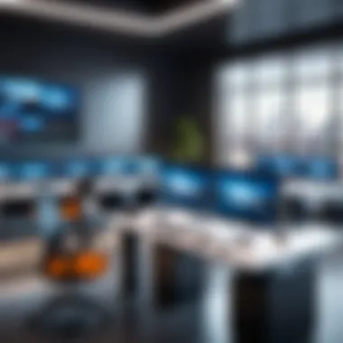 Innovative Workspace with Smart Desks A futuristic workspace featuring multiple smart desks and collaborative tools.