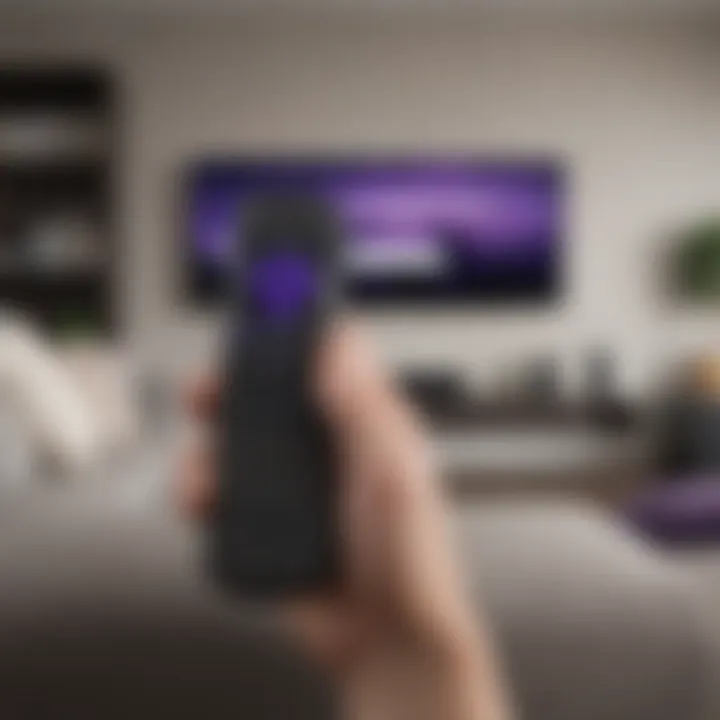 Hand holding remote control for Roku device