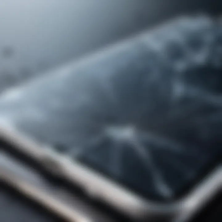 A close-up view of a cracked smartphone screen highlighting the damage.