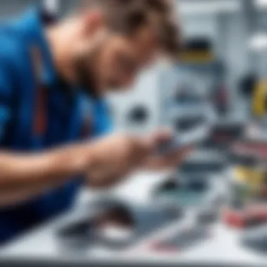 A skilled technician working on a smartphone repair with tools laid out.