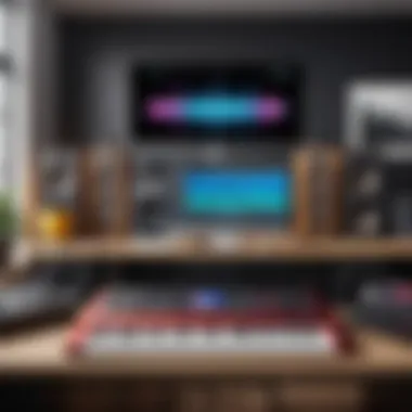 Creative Workspace for Music Production A creative workspace filled with musical instruments and recording gear.