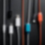 Different types of USB phone cords arranged neatly