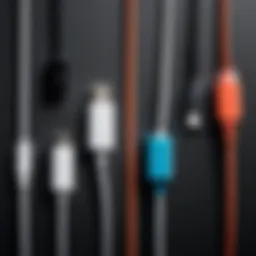 Different types of USB phone cords arranged neatly